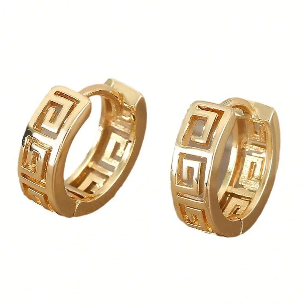 Textured Greek Earrings Elegant Gold tone Openwork Stencil Key Pierced Hoop New - Picture 2 of 6